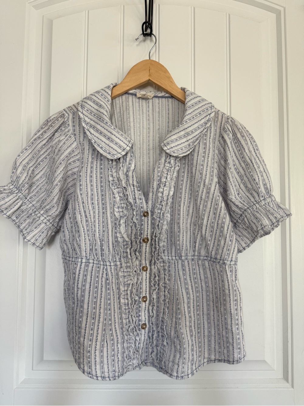Anthropologie White and Blue Striped Ruffle Button-Front Shirt
